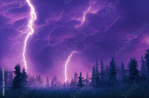 Thunderstorm over a tree in blue and purple light