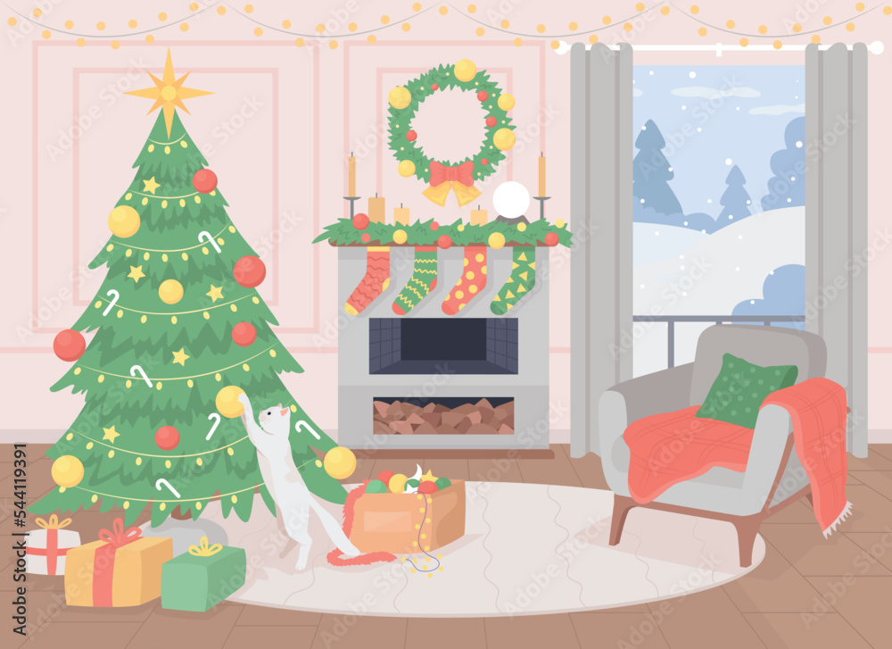 Cozy living room decorating for Chirstmas flat color vector illustration. Cat playing with balls. Holiday scene. Fully editable 2D simple cartoon interior with Xmas scenery in window on background