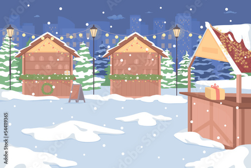 Festive winter holiday market flat color vector illustration. Xmas celebration. Fair decorating with garlands. Wonderland. Fully editable 2D simple cartoon cityscape with Christmas scene on background