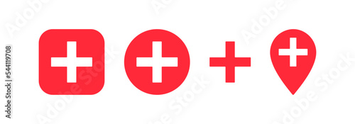 Pinpoint map first aid icon. White cross in red square. Pharmacy, first aid kit symbol. Colored flat design.