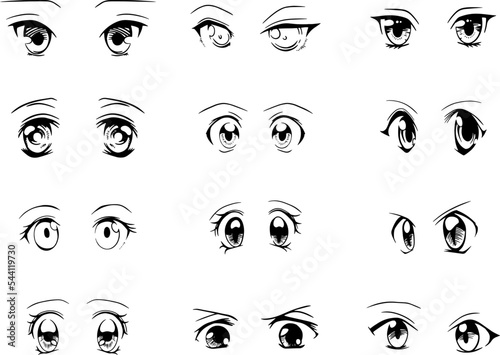 Set of cartoon anime style expressions. Different eyes, mouth, eyebrows. Contour picture for manga. Hand drawn vector illustration isolated on white background.