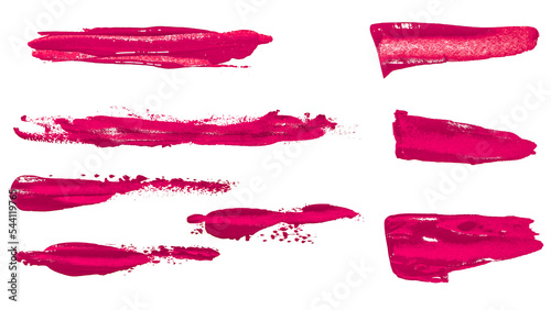 A set of pink brushstrokes of various shapes on a white background.