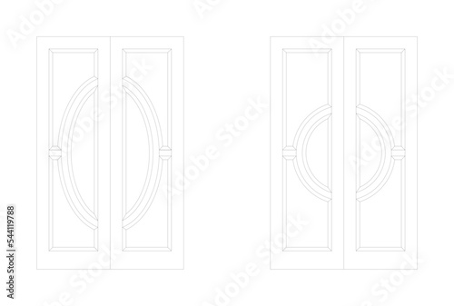 Decorative timber door drawing in 2D and in black and white. The elevation view and the drawing were produced using CAD. Doors consist of single and double swing types.