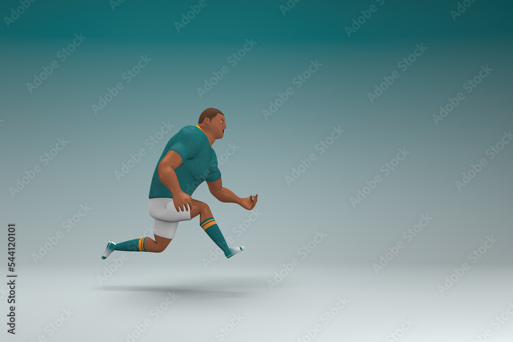 Obraz premium An athlete wearing a green shirt and white pants is runing. 3d rendering of cartoon character in acting.