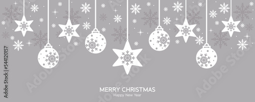 White snowflakes falling and xmas decorations hanging  winter snow balls with flakes on christmas silver background. Vector illustration. Horizontal festive banner.