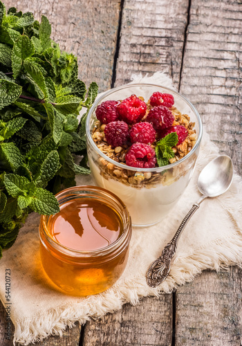 Homemade yogurt with raspberries and mint