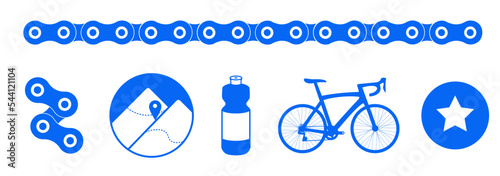rower ikony, piktogramy związane z kolarstwem: rower szosowy, bidon, łańcuch rowerowy, góry i gwiazda photo