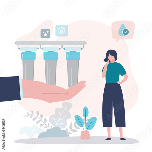 Girl thinks about installing water filter in kitchen. Seller advises woman to install water purification system