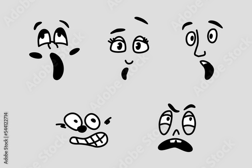 Facial expression of cartoon character, isolated faces with eyes, nose and mouths. Surprised or amazed look, emoticon or emoji, scared. Vector in flat style