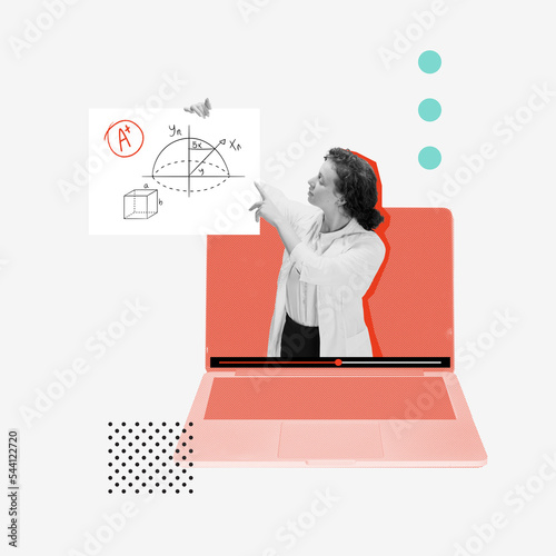 Contemporary art collage. Conceptual image. Young girl, student successfully passing math test, presentation online