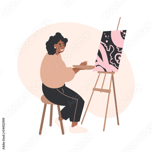 Black woman artist with painted canvas at easel, cartoon flat vector illustration. Young woman painter with brush sit near easel. Hobby, art studio concept. 