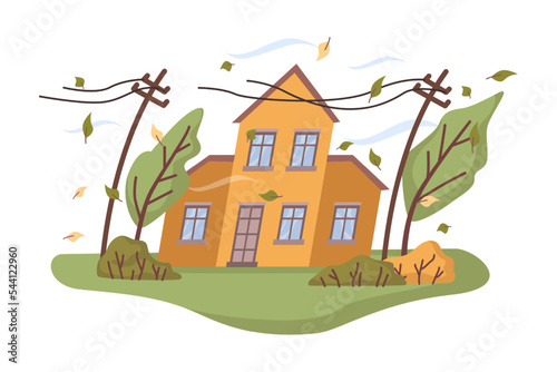Strong wind natural disaster, tsunami catastrophe and cataclysm. Isolated gust with huge force, breaking parts of wires and house damage. Vector in flat style