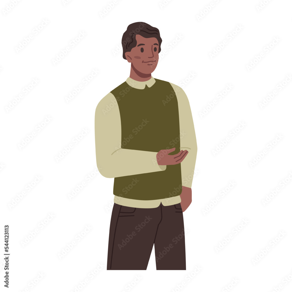 Afro american male character with raised hand asking and gesturing. Isolated portrait of calm man wearing casual clothes, formal wear of employee. Vector in flat cartoon style Afro american male character with raised hand asking and gesturing. Isolated portrait of calm man wearing casual clothes, formal wear of employee. Vector in flat cartoon style