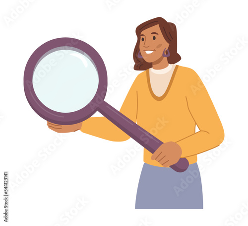 Searching tools and instruments, isolated female character with smile on face holding magnifying glass. Woman real estate agent wearing formal clothes. Vector in flat cartoon style