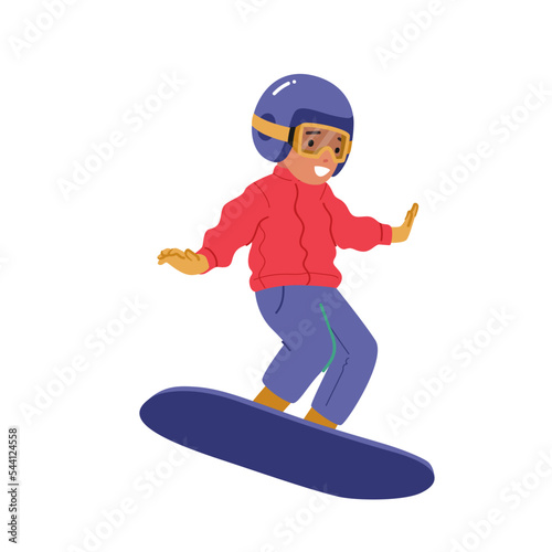 Little Child Snowboarder Character Jumping on Snowboard Isolated on White Background. Snowboarding Winter Sport Activity