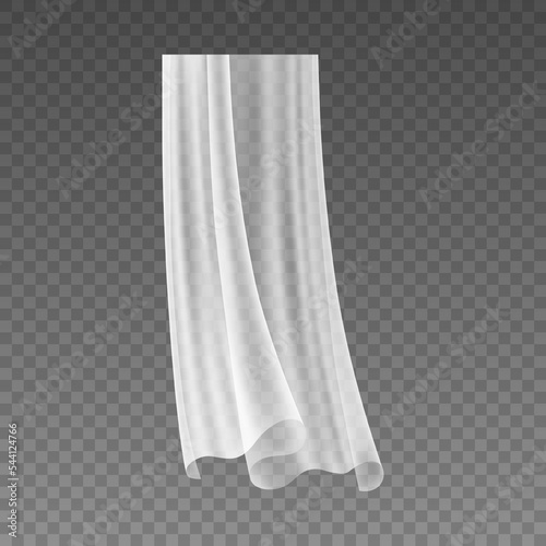 Window curtains for home interior design, isolated sheer voile or tulle for house. White thin fabric or net blew by wind. Vector in realistic style, transparent background