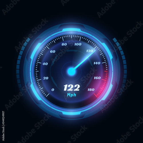Speed digital dashboard, automobile power meter, display speedometer. Modern indicator, digital odometer display technology for racing game. Fast or slow internet connection meter