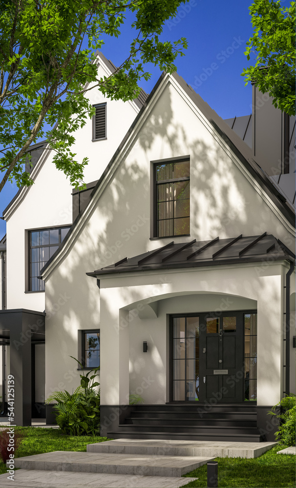 3d rendering of cute cozy white and black modern Tudor style house with parking and pool for sale or rent with beautiful landscaping. Fairy roofs. Clear sunny summer day with blue sky. 3d rendering of cute cozy white and black modern Tudor style house with parking and pool for sale or rent with beautiful landscaping. Fairy roofs. Clear sunny summer day with blue sky.