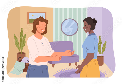 Interior designer greeting client, women talking at home or office. Professional worker with customer in shop. Flat cartoon character, vector in flat style