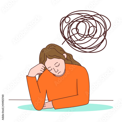 Сonfused girl with emotional burnout and disturbing thoughts. Stress and burnout at work. Frustrated exhausted overloaded woman