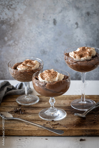 Eggless chocolate mousse with whipping cream and chocolate