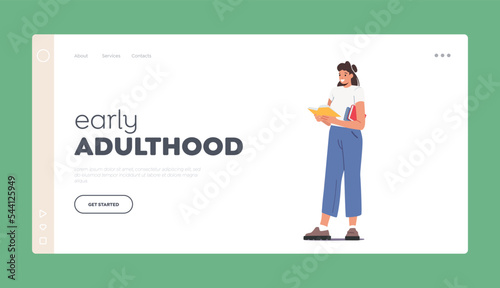 Early Adulthood Landing Page Template. Young Woman Student Reading Book Prepare to Exam or Make Homework
