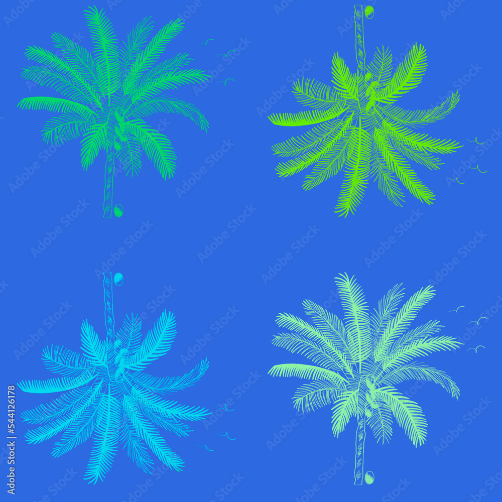 Colorful coconut trees motif.
 Illustration pattern for swimwear, prints, apparel, summer, and others… 