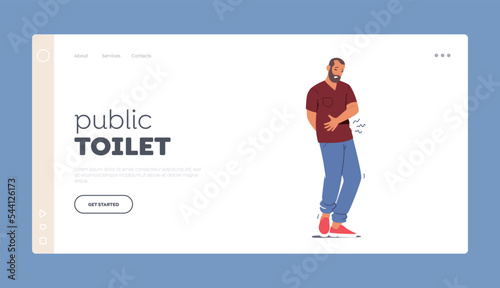 Public Toilet Landing Page Template. Male Character Desperation due to Diarrhea, Bellyache and Stomach Pain