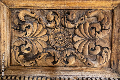 inlaid wooden door of Hermitage of Santo Spirito in Maiella in the Orfento valley. Majella national park. Abruzzo, Italy