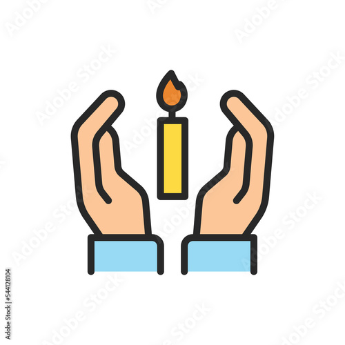 Hands holding condolence candle color line icon. Isolated vector element.