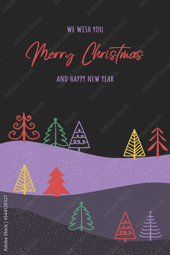 Hand drawn Christmas trees - greeting card. Vector illustration