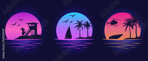 Obraz na płótnie Vector Synthwave Graphics. Beaches, yachts and surfing. Miami California Hawaii design. Red Sunsets with sillhouettes | Vector Design for apparel t-shirt w salonie