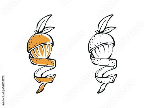 Hand-drawn of orange fruit half peeling skin illustration with leaves vector design