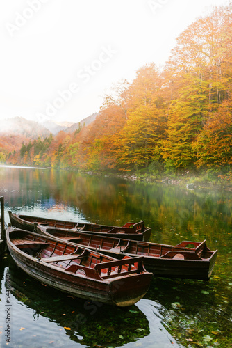 Fototapeta Naklejka Na Ścianę i Meble -  Tourist boats on the shore of Biogradska Gora lake, Montenegro