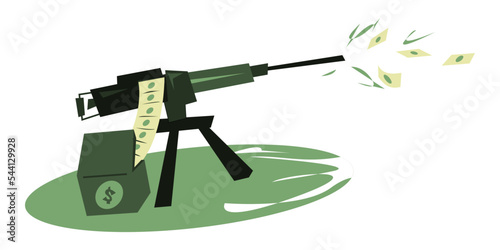 Heavy machine gun shoot with money ammo. bullet money. business concept, success, finance, war, buying and selling weapons, etc. flat vector illustration