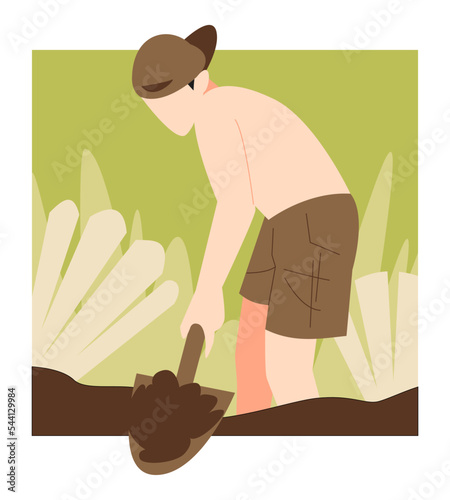 a little boy wearing a hat is hoeing the ground. soil. suitable for gardening themes, planting, activities, etc. flat vector illustration