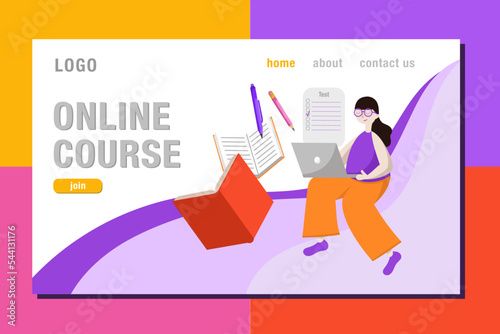 Web landing page. Education, Language online course. Young woman are studying. Educational class, digital classroom. Textbook, Dictionary, laptop, lesson, test. Flat vector illustration.