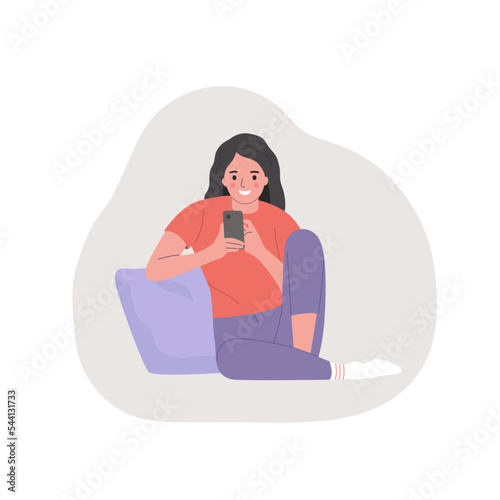 Young woman using smartphone isolated. Vector flat cartoon style  illustration