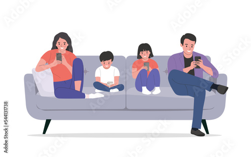Mother and father with children sitting on the sofa with smartphones. Vector flat illustration