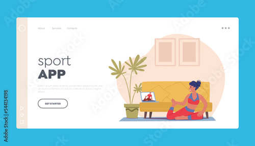Sport App Landing Page Template. Woman Sport Activity at Home with Online Instructor. Female Character Watch Exercises