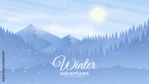 Vector illustration. Winter landscape with beautiful mountains. Great forest with hills. Sun in blue sky.   Design for wallpaper, background, banner. 
