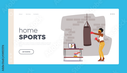 Home Sports Landing Page Template. Female Character in Boxing Gloves Hit Punching Bag Training Online by Internet