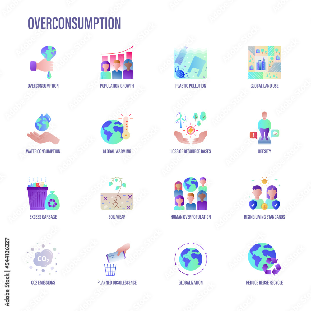 Overconsumption flat gradient icons set. Plastic pollution, population growth, obesity, global warming, excess garbage, planned obsolescene, CO2 emission, reduce, reuse, recycle. Vector illustration.