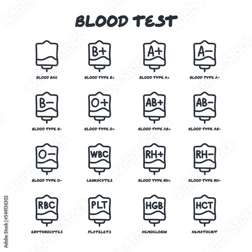 Blood bag with plasma. Doodle thin line icons set. Blood donation. Different blood types. Leukocytes, platelets, hematocrit, erythrocytes. Vector illustration.