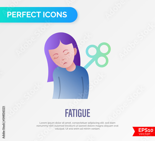 Fatigue, tiredness, apathy gradient flat icon. Tired girl with clockwork on the back. Post-covid syndrome. Vector illustration.