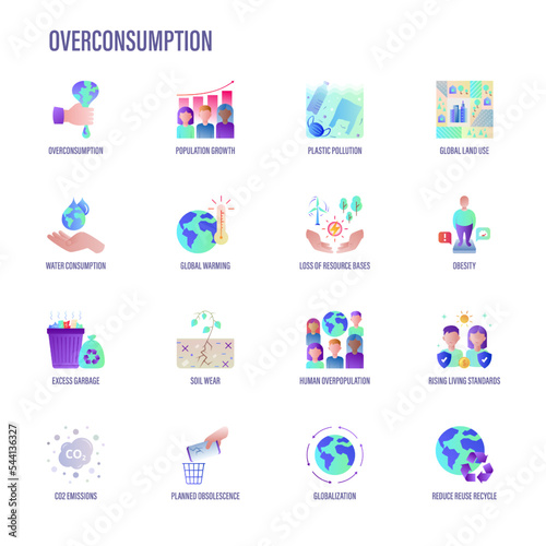 Overconsumption flat gradient icons set. Plastic pollution, population growth, obesity, global warming, excess garbage, planned obsolescene, CO2 emission, reduce, reuse, recycle. Vector illustration.
