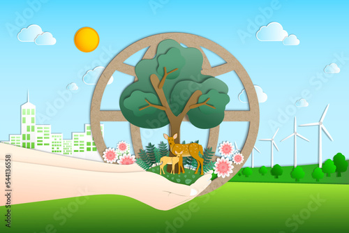 Symbolic image of hands holding a tree with deers that conveys environmental conservation on the city background, Forest and wildlife ecology, Paper art style, Sustainable of resources and ecosystem.