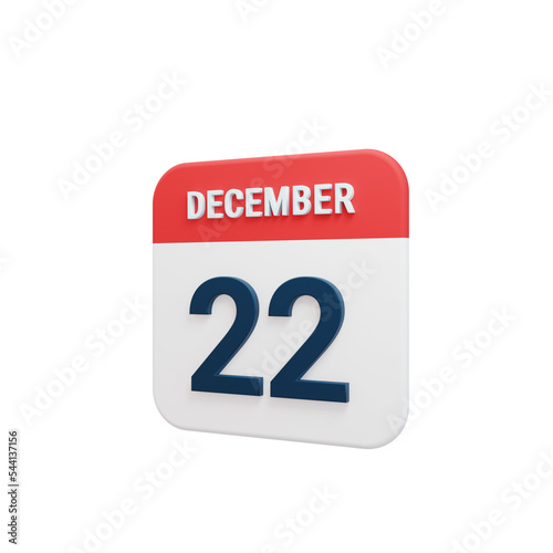 December Realistic Calendar Icon 3D Rendered Date December 22