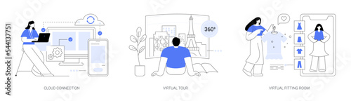 Online data transfer and virtual experience abstract concept vector illustrations.