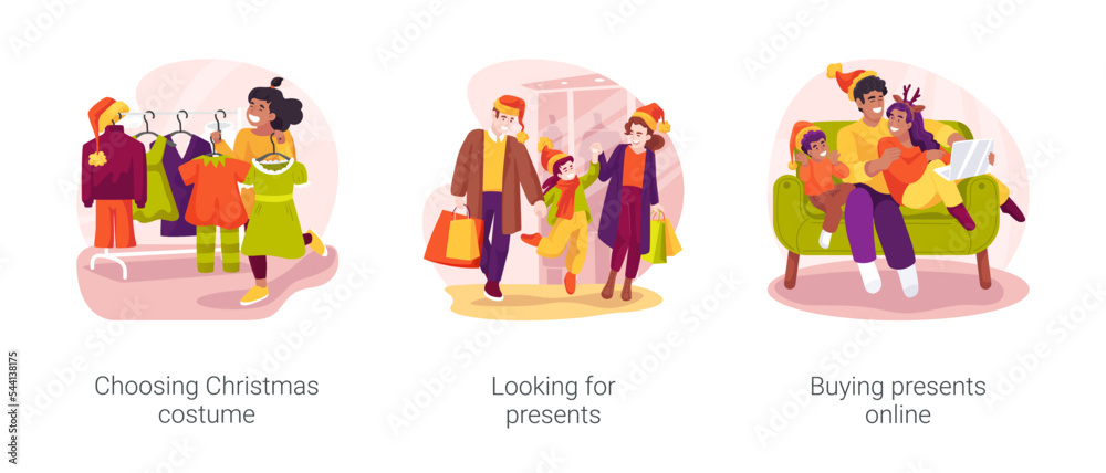 Christmas shopping isolated cartoon vector illustration set